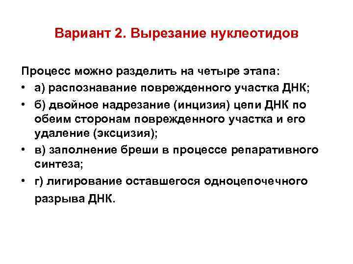 Вариант 2. Вырезание нуклеотидов Процесс можно разделить на четыре этапа:  • а)