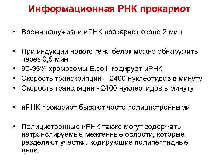   Информационная РНК прокариот  • Время полужизни и. РНК прокариот около 2