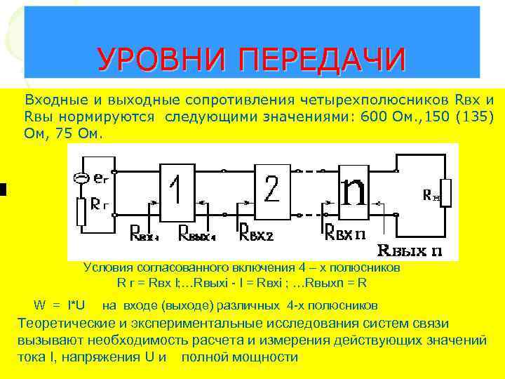 УРОВНИ ПЕРЕДАЧИ Входные и выходные сопротивления четырехполюсников Rвх и Rвы нормируются следующими УРОВНИ ПЕРЕДАЧИ Входные и выходные сопротивления четырехполюсников Rвх и Rвы нормируются следующими