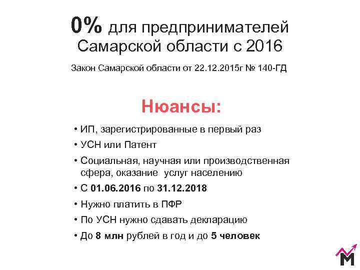 0% для предпринимателей  Самарской области с 2016 Закон Самарской области от 22. 12.