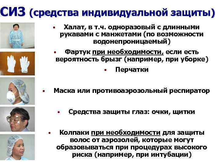 СИЗ (средства индивидуальной защиты)   • Халат, в т. ч. одноразовый с длинными