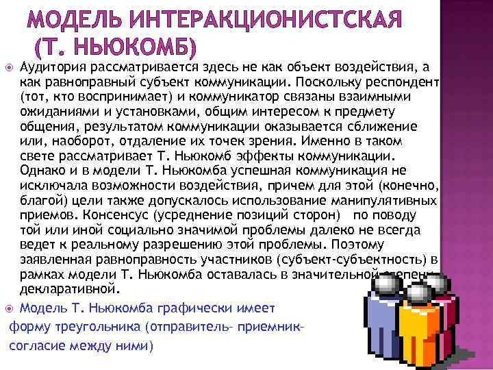   МОДЕЛЬ ИНТЕРАКЦИОНИСТСКАЯ (Т. НЬЮКОМБ)  Аудитория рассматривается здесь не как объект воздействия,
