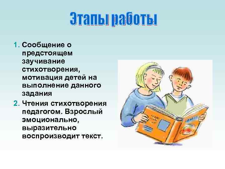 1. Сообщение о  предстоящем  заучивание  стихотворения, мотивация детей на  выполнение