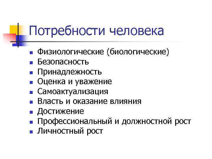 Потребности человека n Физиологические (биологические) n Безопасность n Принадлежность n Потребности человека n Физиологические (биологические) n Безопасность n Принадлежность n