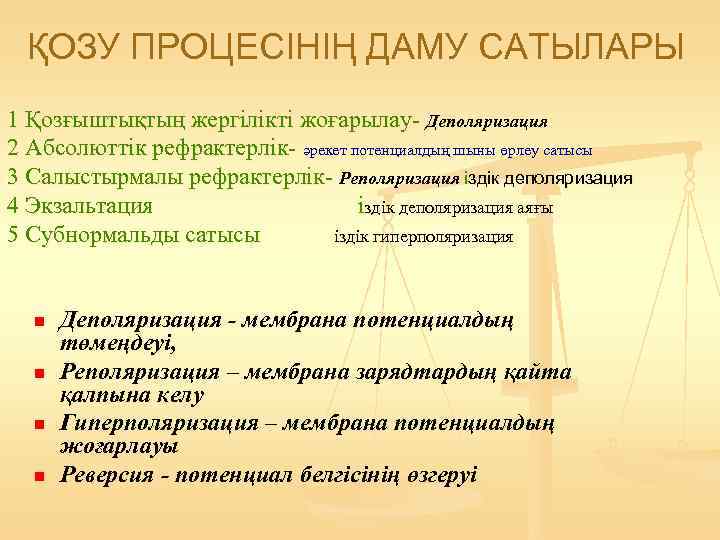  ҚОЗУ ПРОЦЕСІНІҢ ДАМУ САТЫЛАРЫ 1 Қозғыштықтың жергілікті жоғарылау- Деполяризация 2 Абсолюттік рефрактерлік- әрекет