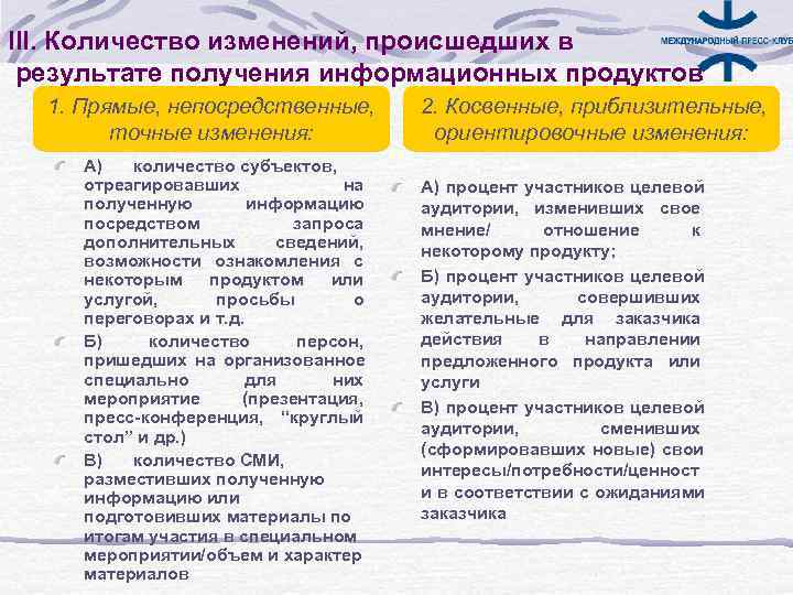 III. Количество изменений, происшедших в результате получения информационных продуктов  1. Прямые, непосредственные, 