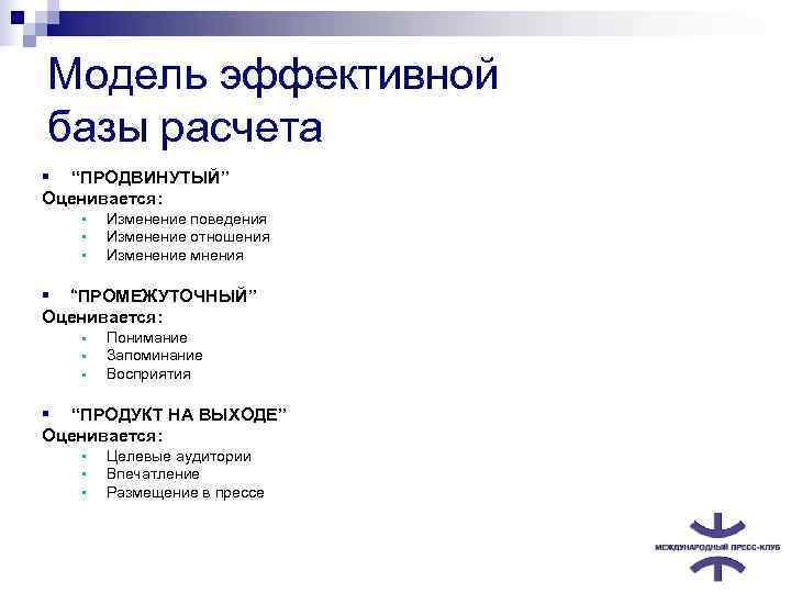 Модель эффективной базы расчета § “ПРОДВИНУТЫЙ” Оценивается: §  Изменение поведения  § 