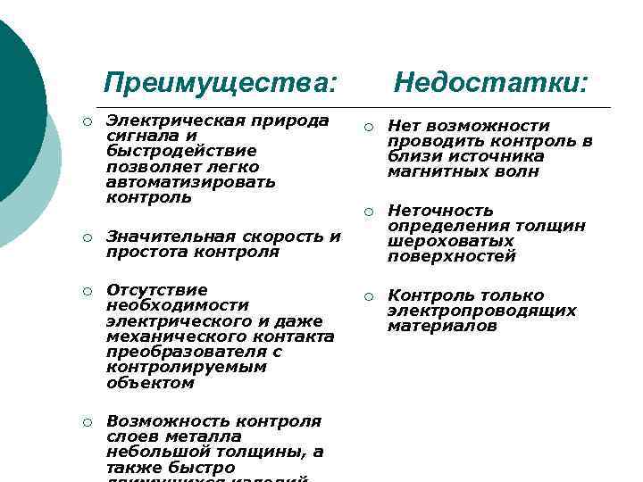   Преимущества:    Недостатки: ¡  Электрическая природа ¡  Нет