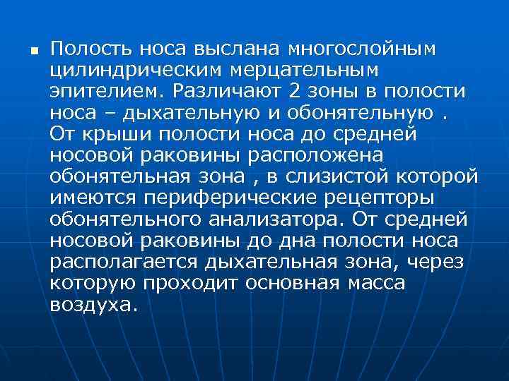 n  Полость носа выслана многослойным цилиндрическим мерцательным эпителием. Различают 2 зоны в полости