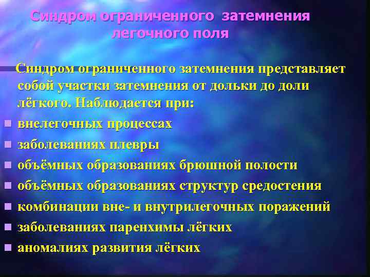 Синдром ограниченного затемнения легочного поля Синдром ограниченного затемнения представляет собой участки затемнения от дольки