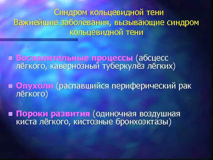 Синдром кольцевидной тени Важнейшие заболевания, вызывающие синдром кольцевидной тени n Воспалительные процессы (абсцесс лёгкого,