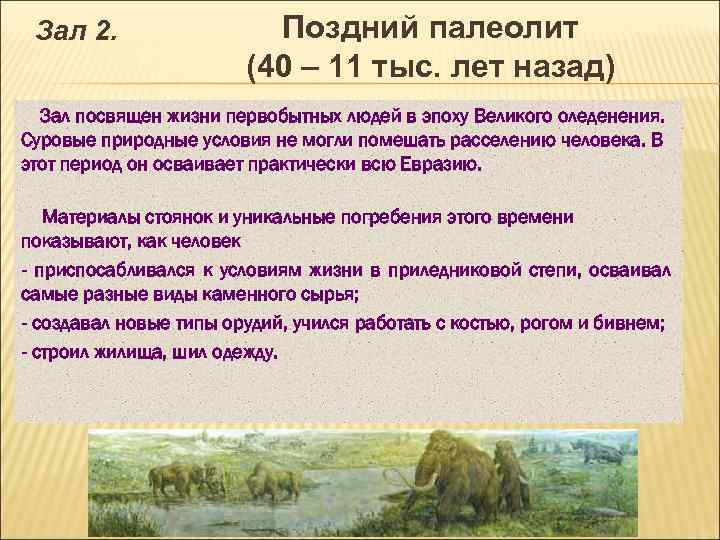 Зал 2. Поздний палеолит (40 – 11 тыс. лет назад) Зал посвящен жизни первобытных