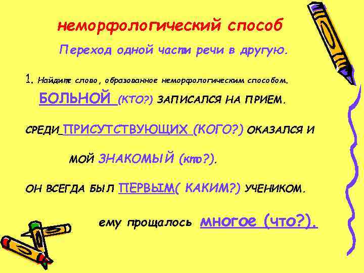   неморфологический способ   Переход одной части речи в другую.  1.
