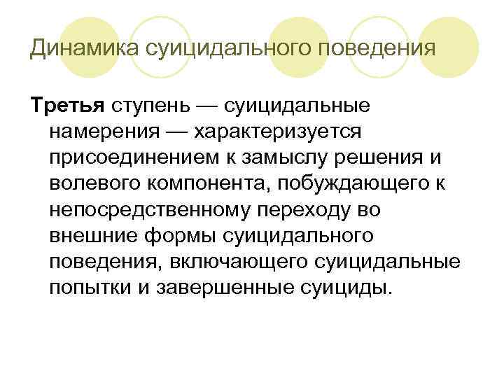 Динамика суицидального поведения Третья ступень — суицидальные намерения — характеризуется присоединением к замыслу решения