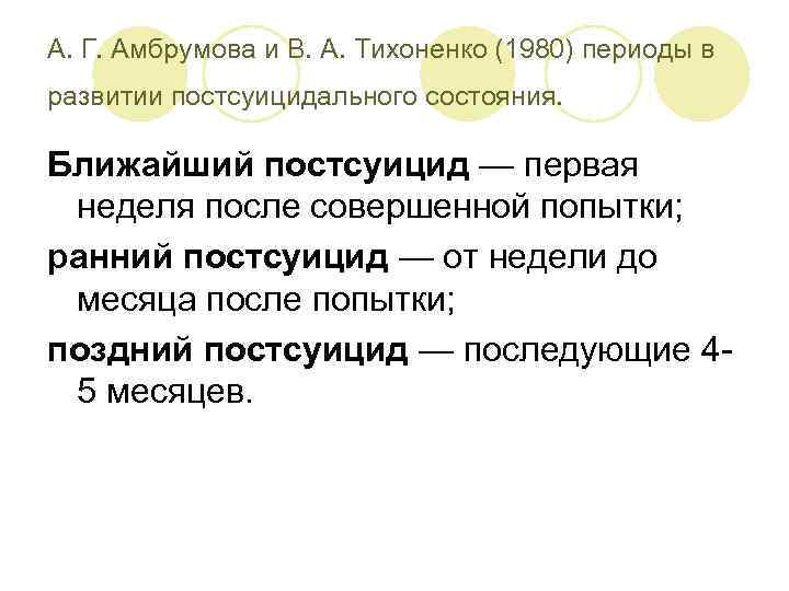 А. Г. Амбрумова и В. А. Тихоненко (1980) периоды в развитии постсуицидального состояния. 