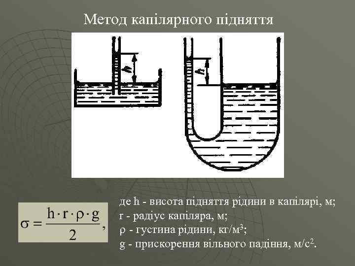 Метод капілярного підняття   де h - висота підняття рідини в капілярі, м;