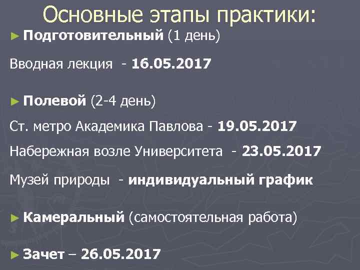   Основные этапы практики: ► Подготовительный   (1 день)  Вводная лекция