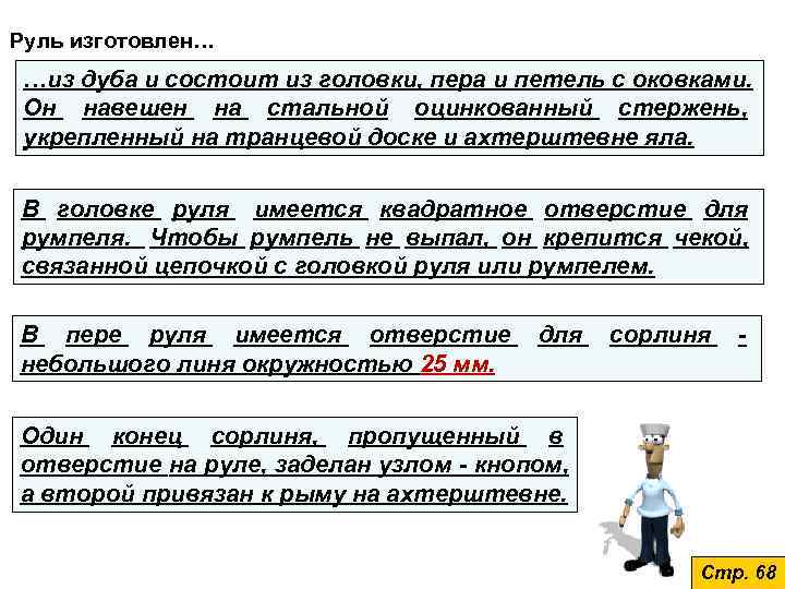 Руль изготовлен… …из дуба и состоит из головки, пера и петель с оковками. 