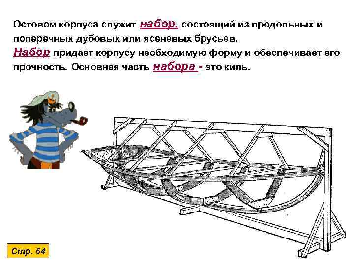 Остовом корпуса служит набор, состоящий из продольных и поперечных дубовых или ясеневых брусьев. Набор