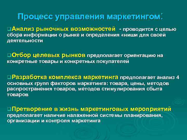 Процесс управления маркетингом: q. Анализ рыночных возможностей - проводится с целью сбора Процесс управления маркетингом: q. Анализ рыночных возможностей - проводится с целью сбора