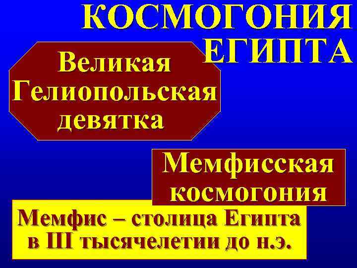   КОСМОГОНИЯ  Великая ЕГИПТА Гелиопольская  девятка  Мемфисская  космогония Мемфис