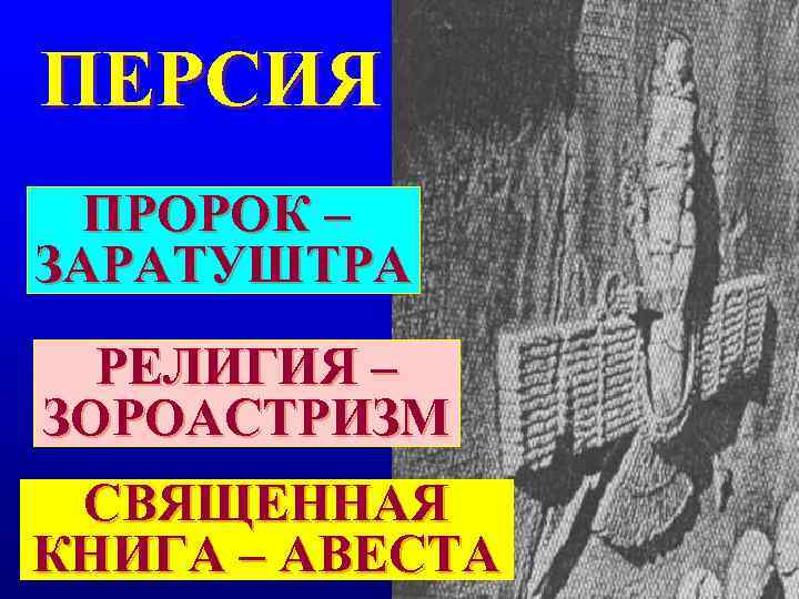 ПЕРСИЯ  ПРОРОК – ЗАРАТУШТРА  РЕЛИГИЯ – ЗОРОАСТРИЗМ СВЯЩЕННАЯ КНИГА – АВЕСТА 