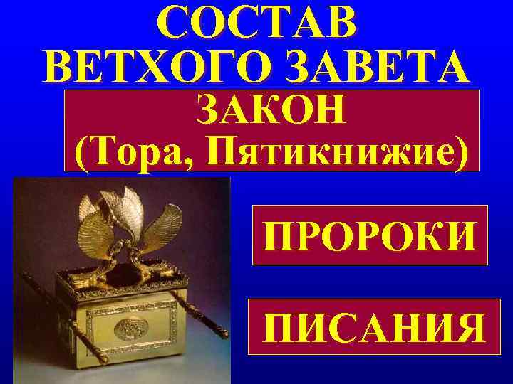 СОСТАВ ВЕТХОГО ЗАВЕТА ЗАКОН (Тора, Пятикнижие) ПРОРОКИ ПИСАНИЯ СОСТАВ ВЕТХОГО ЗАВЕТА ЗАКОН (Тора, Пятикнижие) ПРОРОКИ ПИСАНИЯ