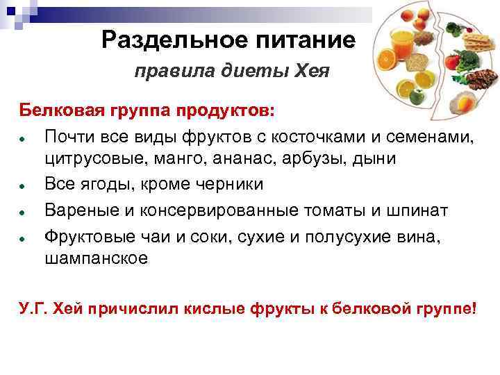    Раздельное питание   правила диеты Хея Белковая группа продуктов: 