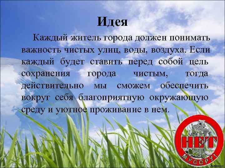     Идея  Каждый житель города должен понимать важность чистых улиц,