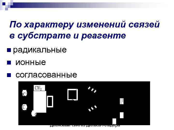 По характеру изменений связей в субстрате и реагенте n радикальные n  ионные n