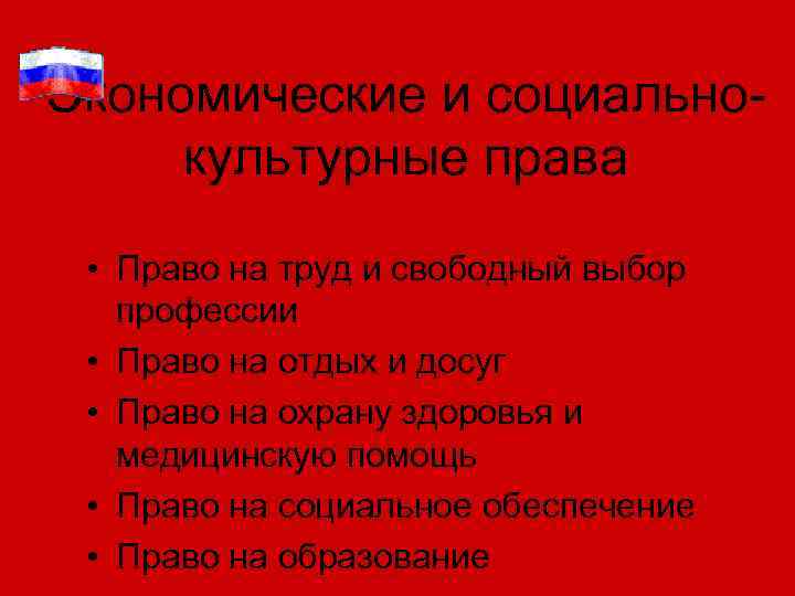 Экономические и социально- культурные права  • Право на труд и свободный выбор 