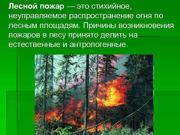 Лесной пожар — это стихийное,  неуправляемое распространение огня по лесным площадям. Причины возникновения