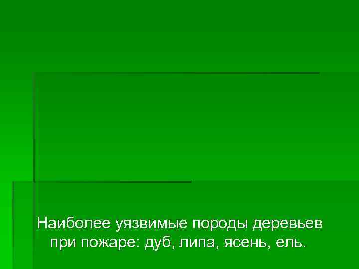 Наиболее уязвимые породы деревьев  при пожаре: дуб, липа, ясень, ель. 