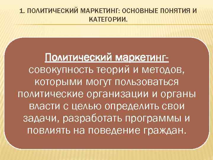 1. ПОЛИТИЧЕСКИЙ МАРКЕТИНГ: ОСНОВНЫЕ ПОНЯТИЯ И    КАТЕГОРИИ.  Политический маркетинг- 