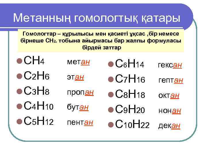 Метанның гомологтық қатары  Гомологтар – құрылысы мен қасиеті ұқсас , бір немесе бірнеше