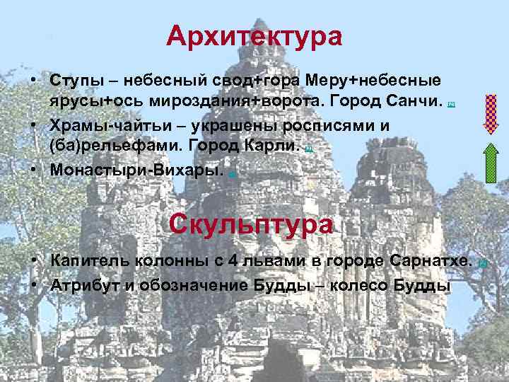     Архитектура • Ступы – небесный свод+гора Меру+небесные  ярусы+ось мироздания+ворота.
