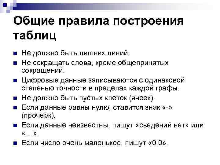 Общие правила построения таблиц n  Не должно быть лишних линий. n  Не