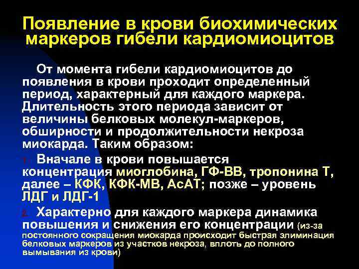 Появление в крови биохимических маркеров гибели кардиомиоцитов От момента гибели кардиомиоцитов до появления Появление в крови биохимических маркеров гибели кардиомиоцитов От момента гибели кардиомиоцитов до появления