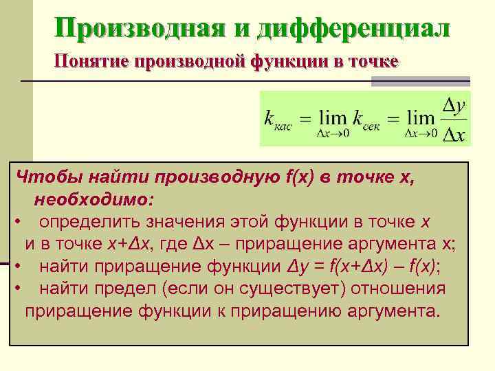   Производная и дифференциал Понятие производной функции в точке Чтобы найти производную f(x)