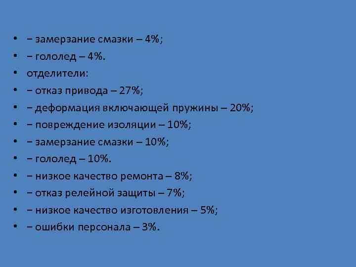  •  − замерзание смазки – 4%;  •  − гололед –