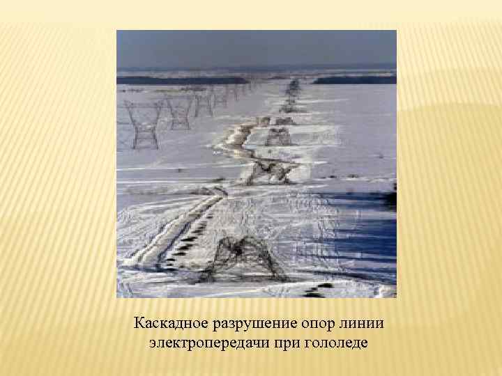 Каскадное разрушение опор линии  электропередачи при гололеде 