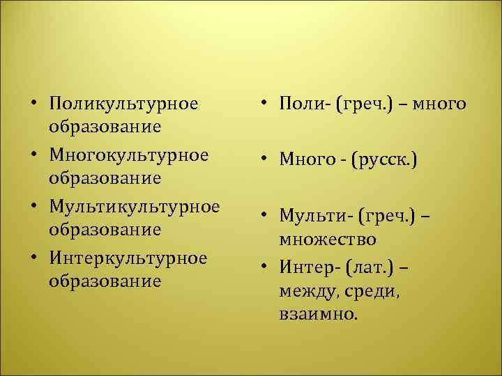  • Поликультурное • Поли- (греч. ) – много  образование • Многокультурное •