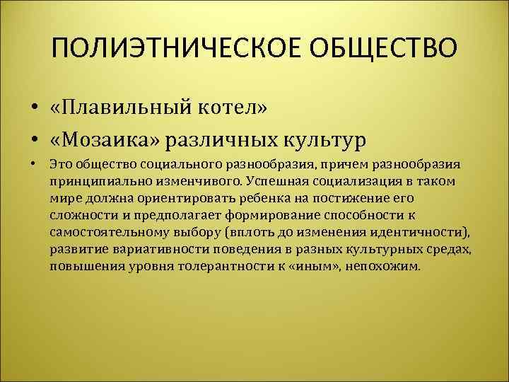  ПОЛИЭТНИЧЕСКОЕ ОБЩЕСТВО •  «Плавильный котел»  •  «Мозаика» различных культур •