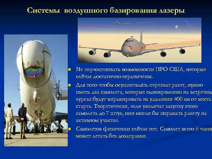 Системы воздушного базирования лазеры n n n Не переоценивать возможности ПРО США, которые сейчас