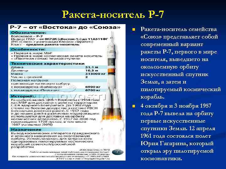 Ракета-носитель Р-7 n n Ракета-носитель семейства «Союз» представляет собой современный вариант ракеты Р-7, первого
