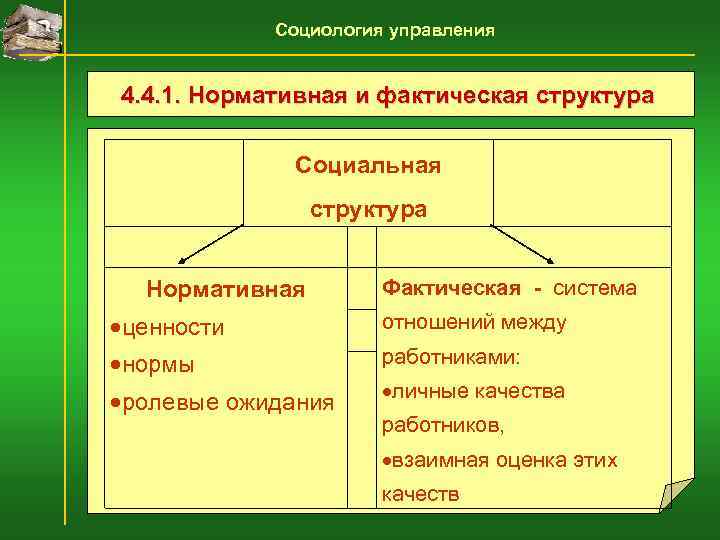     Социология управления  4. 4. 1. Нормативная и фактическая структура