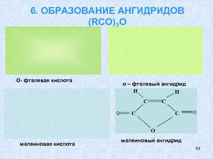   6. ОБРАЗОВАНИЕ АНГИДРИДОВ    (RCO)2 O О- фталевая кислота 