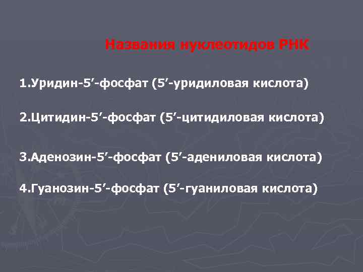   Названия нуклеотидов РНК 1. Уридин-5’-фосфат (5’-уридиловая кислота) 2. Цитидин-5’-фосфат (5’-цитидиловая кислота) 