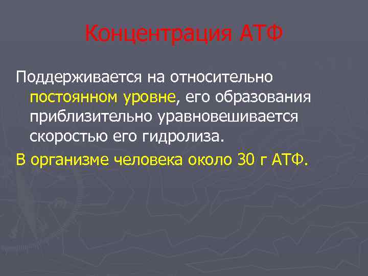   Концентрация АТФ Поддерживается на относительно  постоянном уровне, его образования  приблизительно