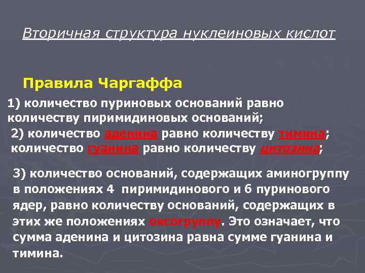  Вторичная структура нуклеиновых кислот Правила Чаргаффа 1) количество пуриновых оснований равно количеству пиримидиновых